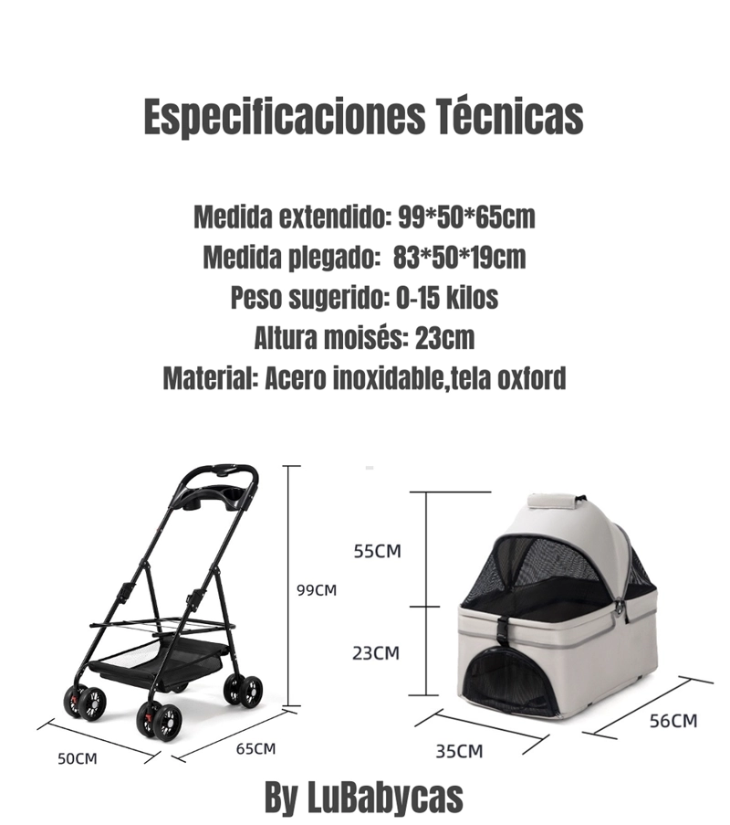COCHE PARA MASCOTAS PERROS GATOS 2 EN 1 LUBABYCAS ROSADO - 8