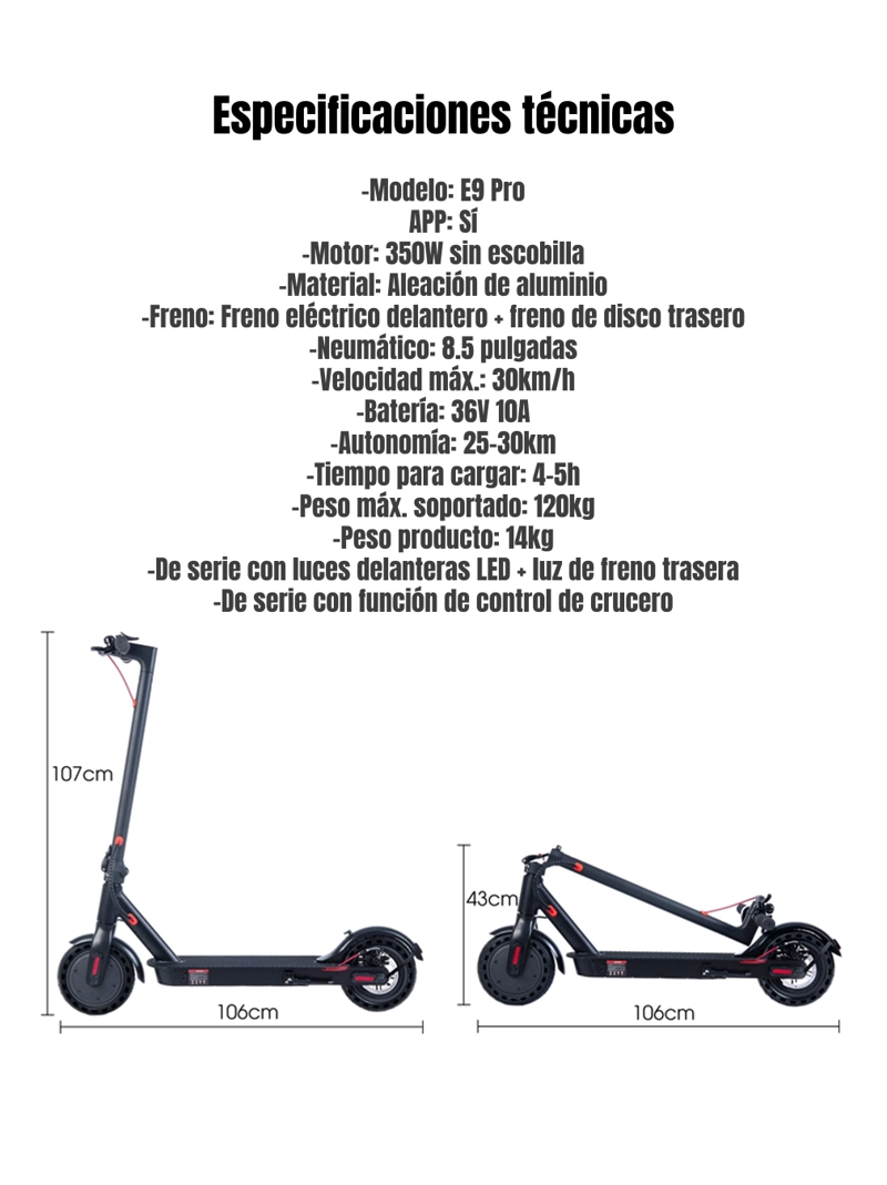 SCOOTER ELE CTRICO ALUMINIO CON APP 30KM 36V 350W E9PRO - 8