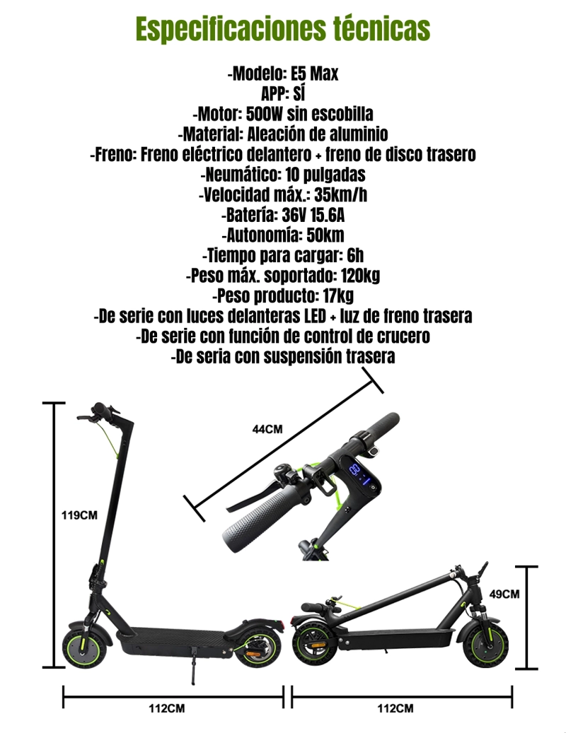 SCOOTER ELE CTRICO ALUMINIO CON APP 50KM 36V 500W E5MAX - 7