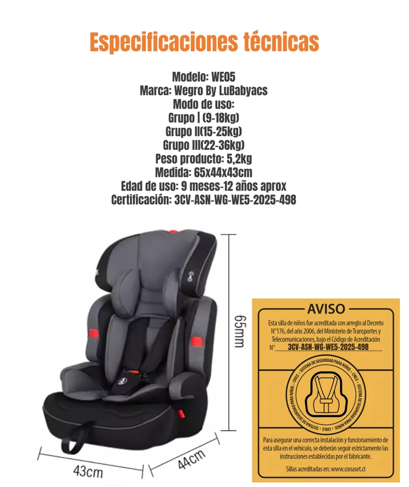 SILLA DE AUTO BUTACA 9-36KG 12 AÑOS GRIS WE05 LUBABYCAS - 8