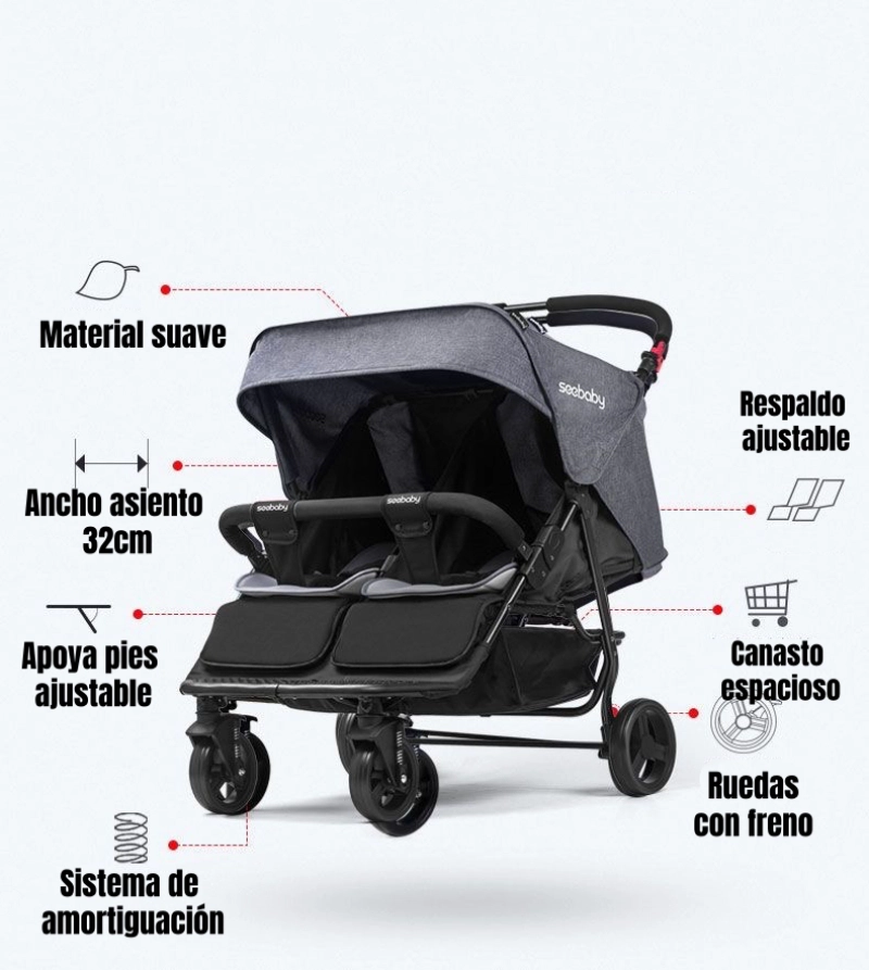COCHE DOBLE RECLINABLE 4 AÑOS SEEBABY GRIS LUBABYCAS - 2