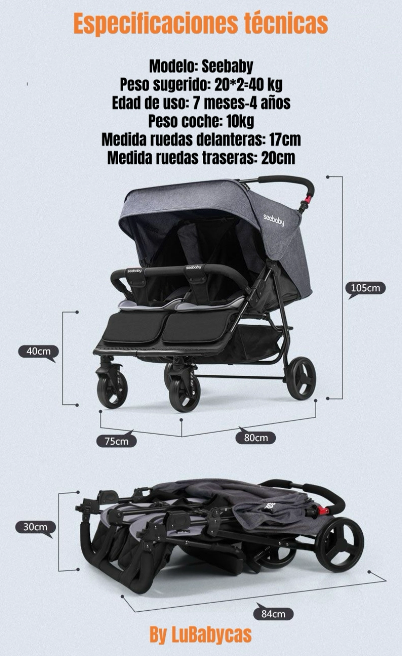COCHE DOBLE RECLINABLE 4 AÑOS SEEBABY GRIS LUBABYCAS - 8