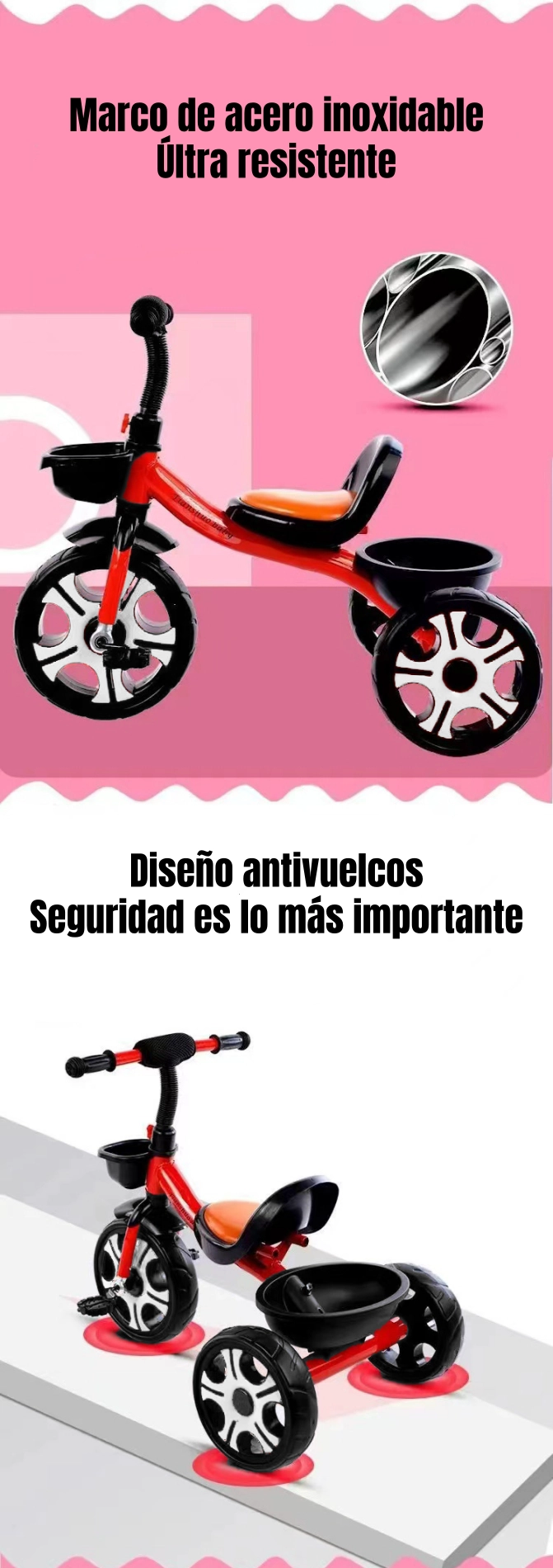 TRICICLO INFANTIL CON CANASTOS 5 AÑOS UNIX ROJO LUBABYCAS - 5