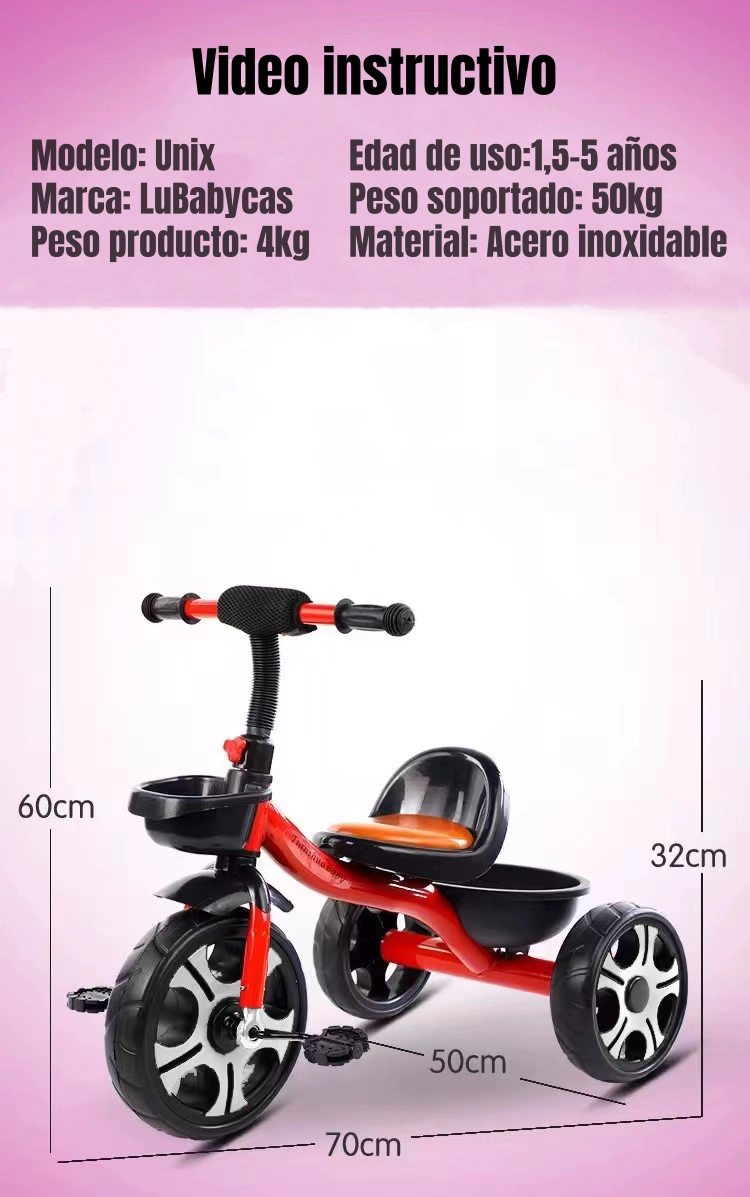TRICICLO INFANTIL CON CANASTOS 5 AÑOS UNIX ROJO LUBABYCAS - 8