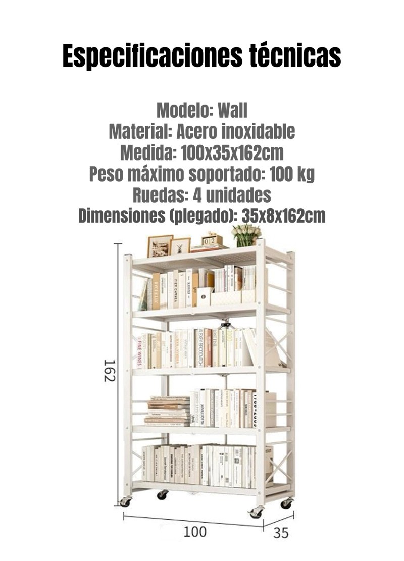 ESTANTE METALICO LIBRERO PLEGABLE 5 NIVELES 100CM WALL - 8