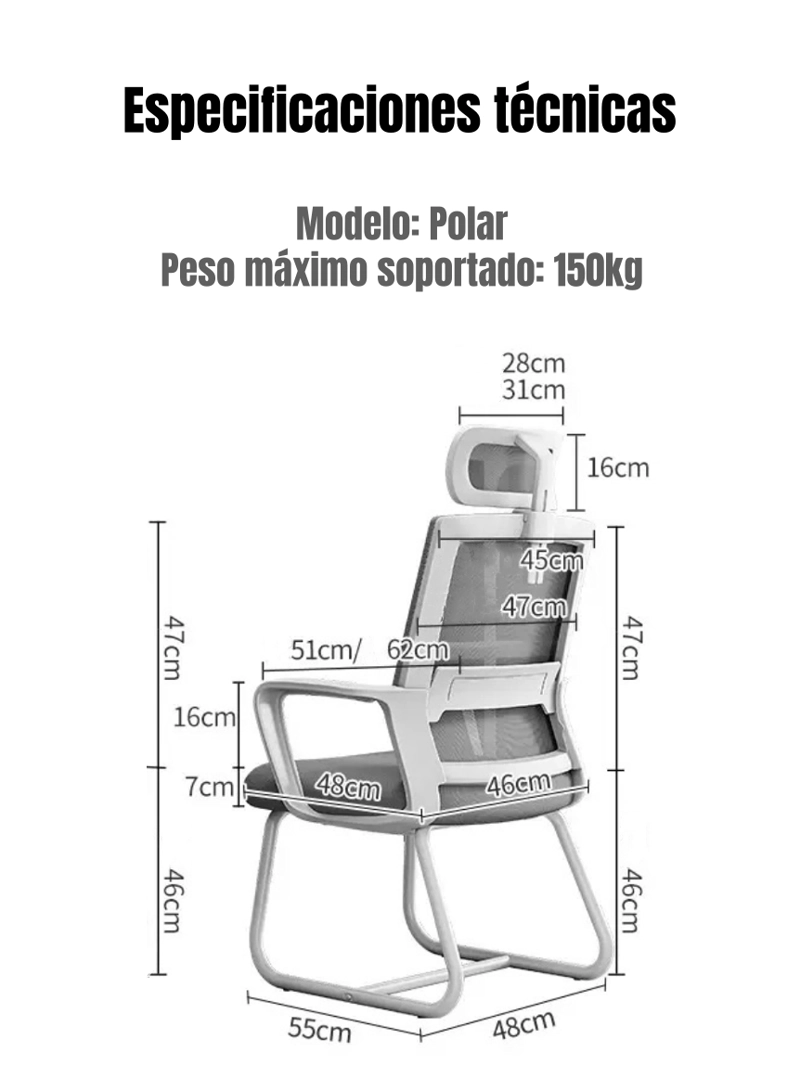 SILLA DE ESCRITORIO OFICINA CON REPOSACABEZAS POLAR NEGRA - 8