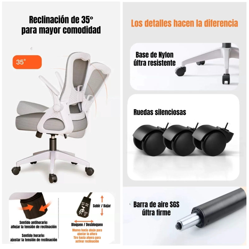 SILLA ESCRITORIO OFICINA REPOSACABEZAS RECLINABLE W807 NEGRA - 6