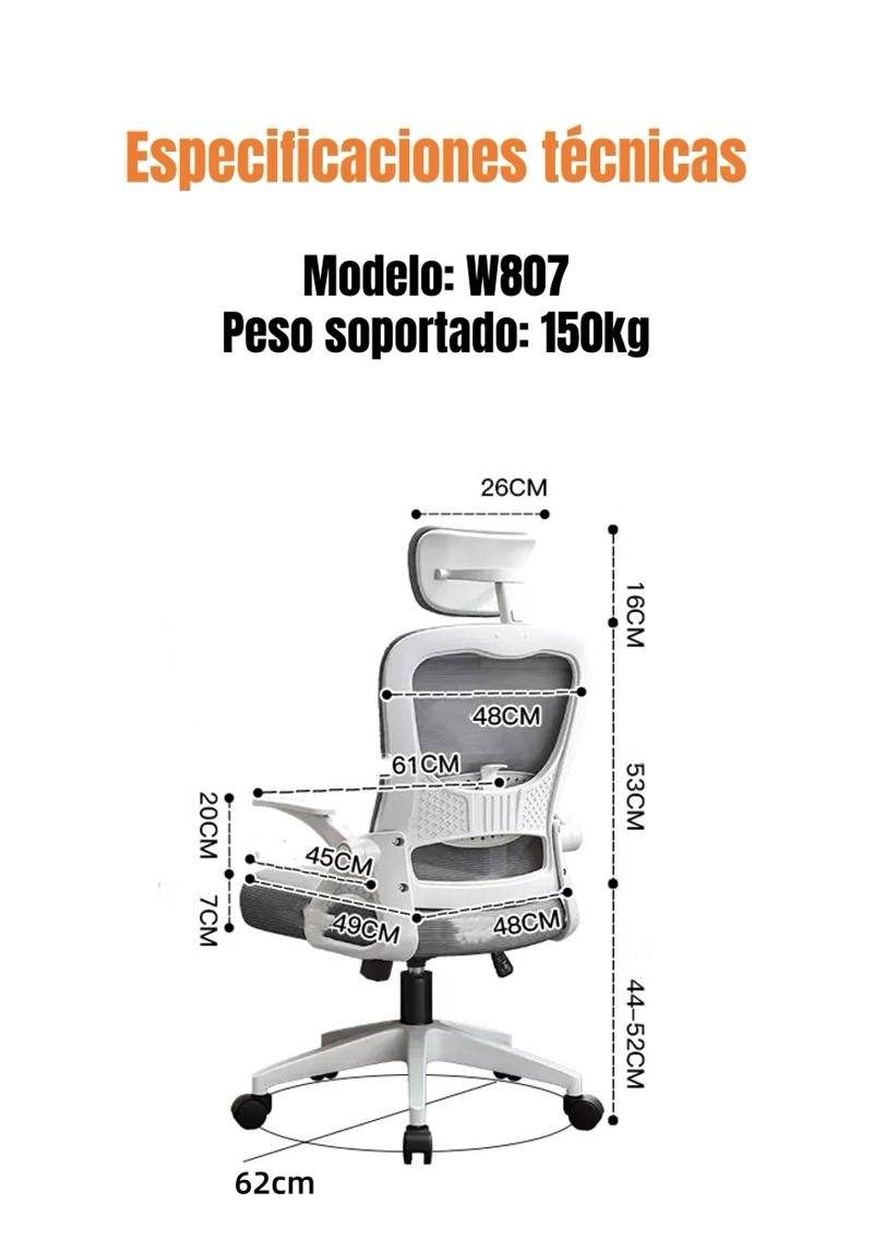 SILLA ESCRITORIO OFICINA REPOSACABEZAS RECLINABLE W807 NEGRA - 8