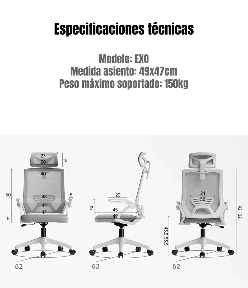 SILLA ESCRITORIO OFICINA REPOSACABEZAS RECLINABLE EXO NEGRA - 8