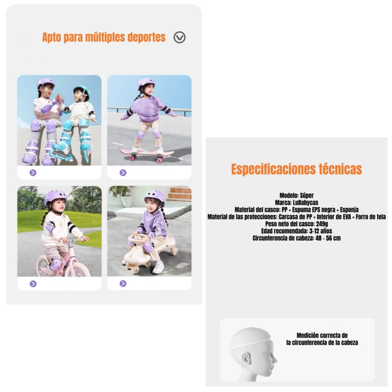 CASCO INFANTIL Y SET DE PROTECCION 6 PIEZAS SUPER LUBABYCAS - 8