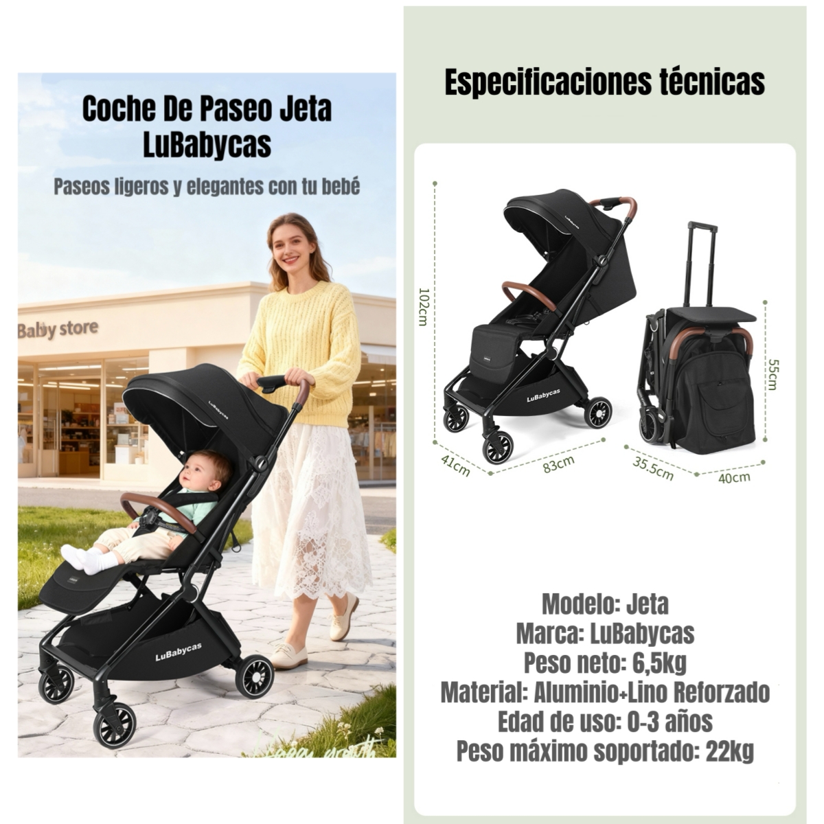 COCHE DE PASEO TIPO MALETA ALUMINIO 0-3 AÑOS JETA LUBABYCAS - 2