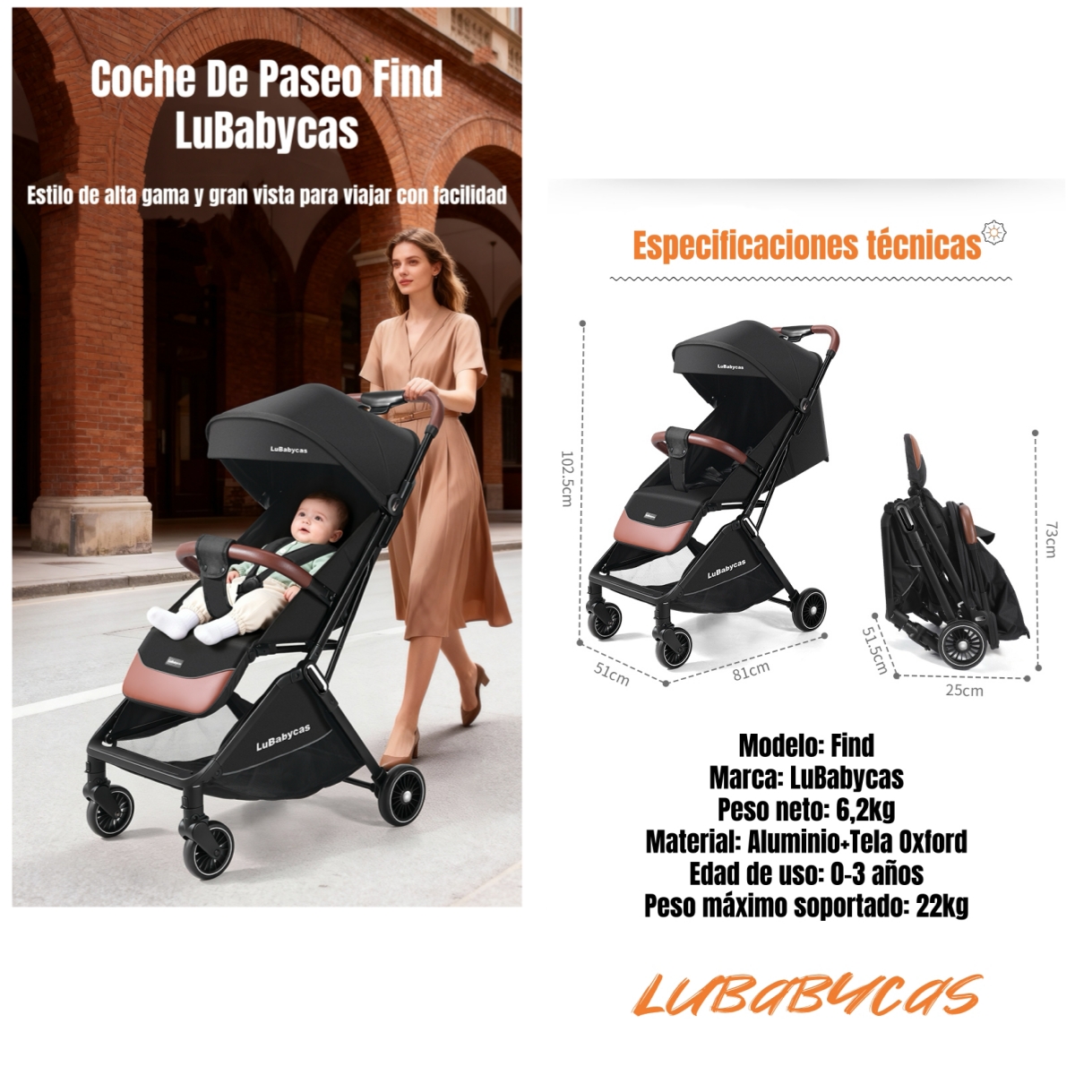 COCHE DE PASEO LUBABYCAS ELEGANTE DE ALUMINIO 0-3 AÑOS FIND - 2
