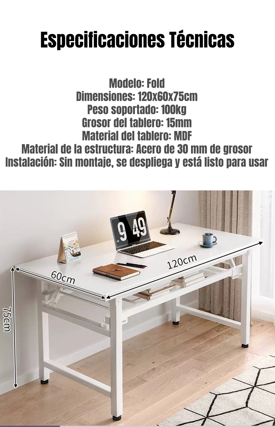 ESCRITORIO PLEGABLE SIN NECESIDAD DE ENSAMBLADO 120X60CM - 8