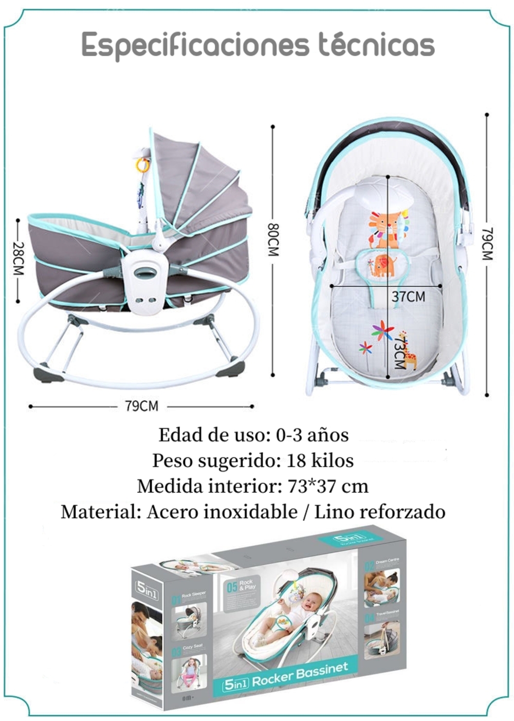CUNA MOISE S 5 EN 1 CON VIBRACION MOSQUITERO LUBABYCAS ROSADA - 8