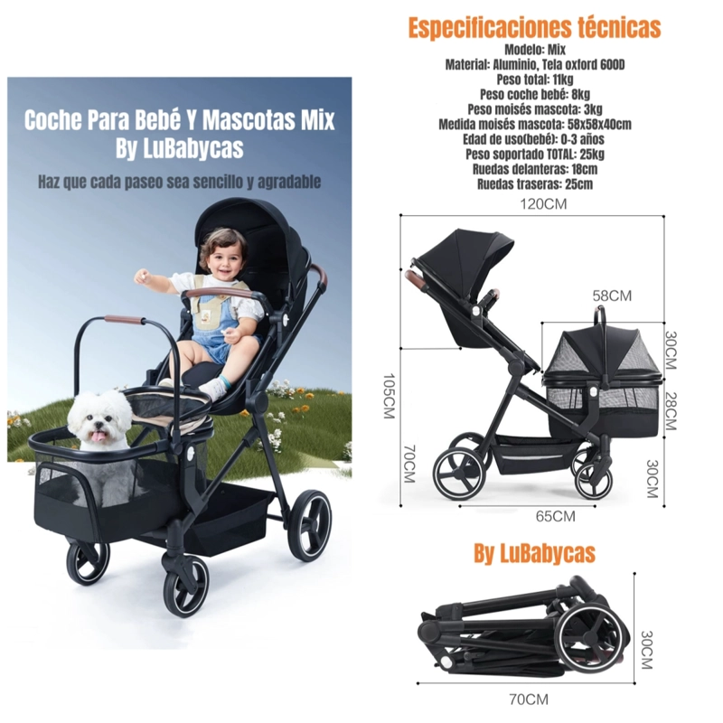 COCHE DE BEBE  Y MASCOTA 2 EN 1 MIX NEGRO BY LUBABYCAS - 2