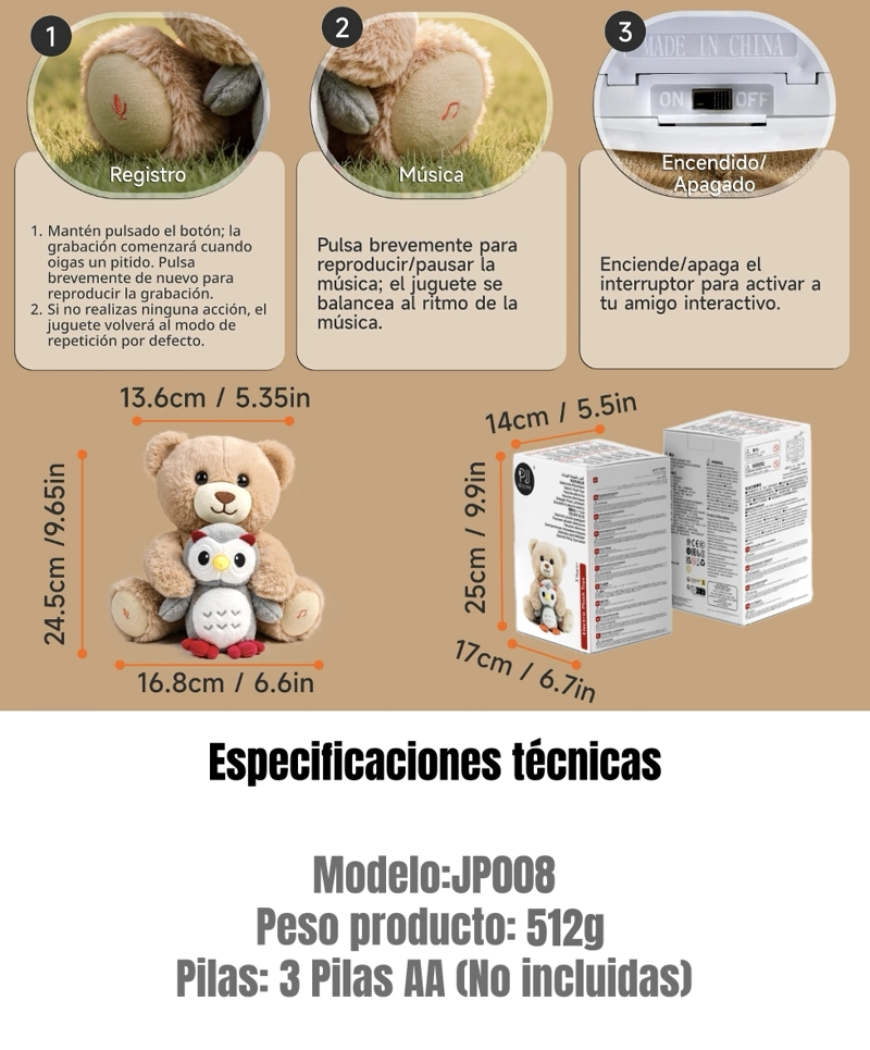 PELUCHE INTERACTIVO OSO MUSICAL GRABACION JP008 LUBABYCAS - 8
