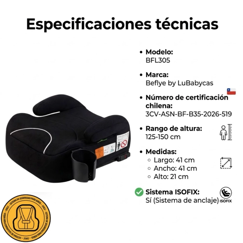SILLA AUTO ALZADOR ISOFIX POSA VASO BFL305 NEGRA LUBABYCAS - 8