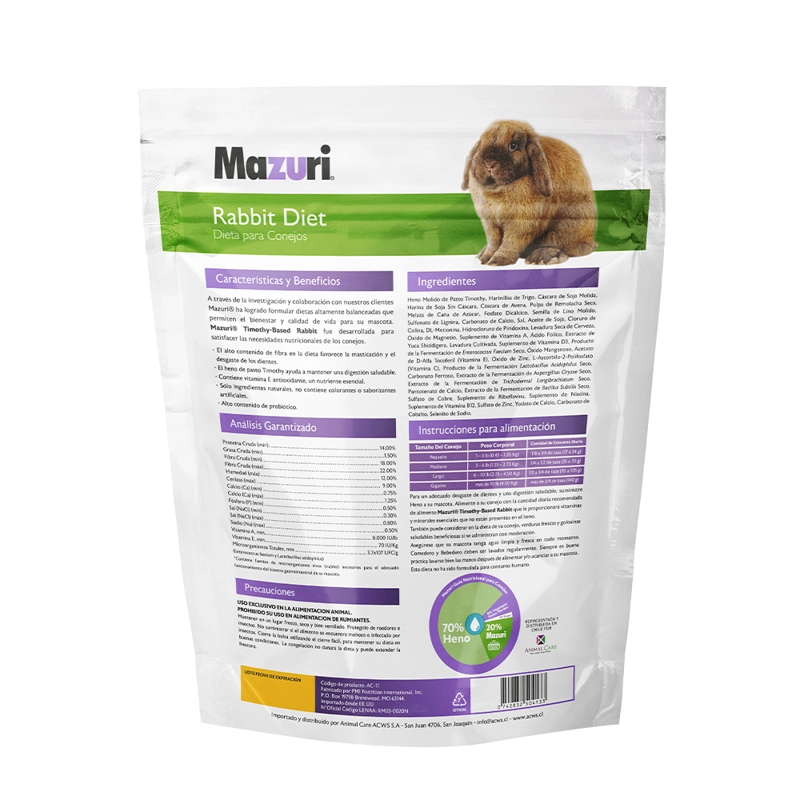 ALIMENTO SECO CONEJOS COBAYOS MAZURI 1 KG TIMOTHY DIET - 2