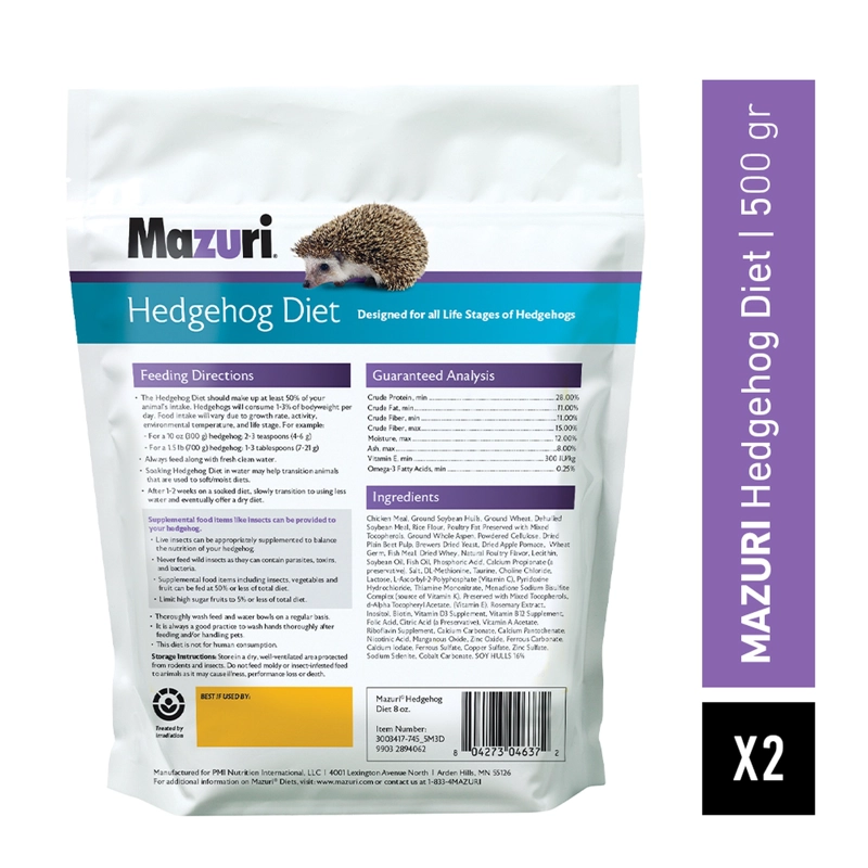 MAZURI ALIMENTO ERIZO DE TIERRA DIET 500 GR PACK X2 - 3