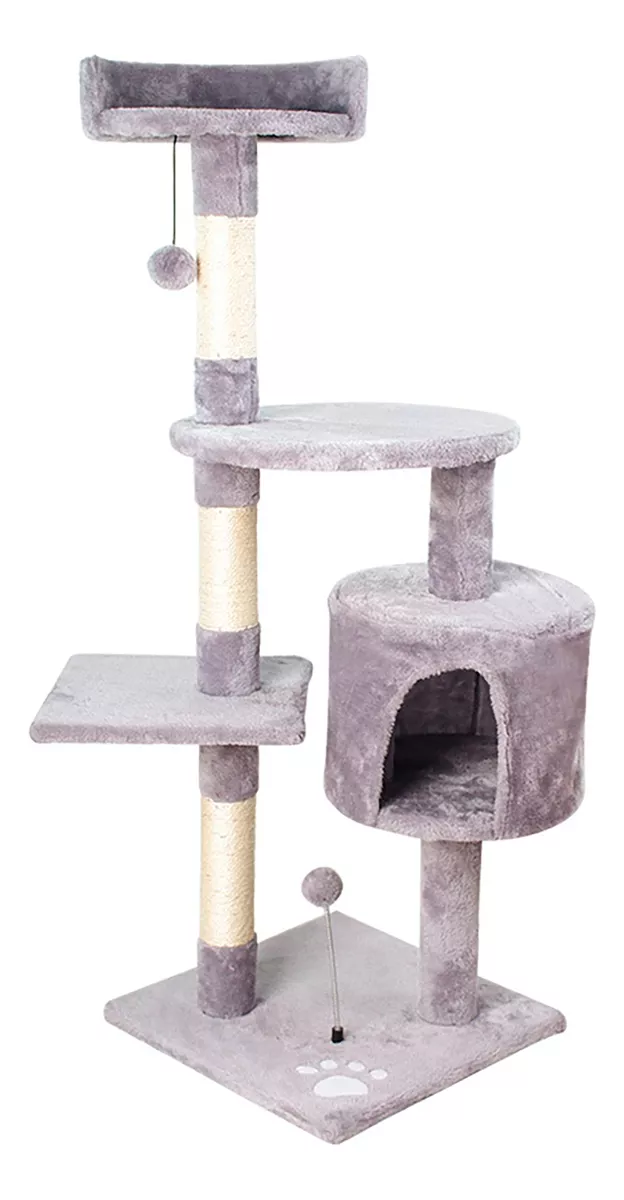 RASCADOR TORRE 112CM GATOS CASITA ÁRBOL TERCIOPELO +POMPONES - 1