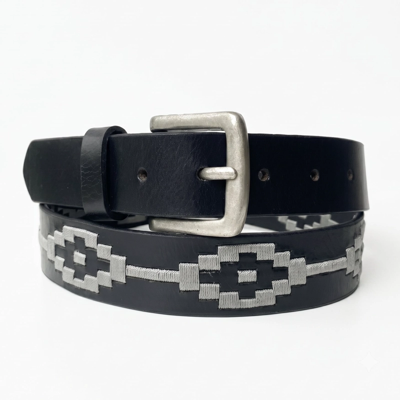 CINTURON HOMBRE CUERO NATURAL BORDADO CORREA CINTO VAQUERO - 1