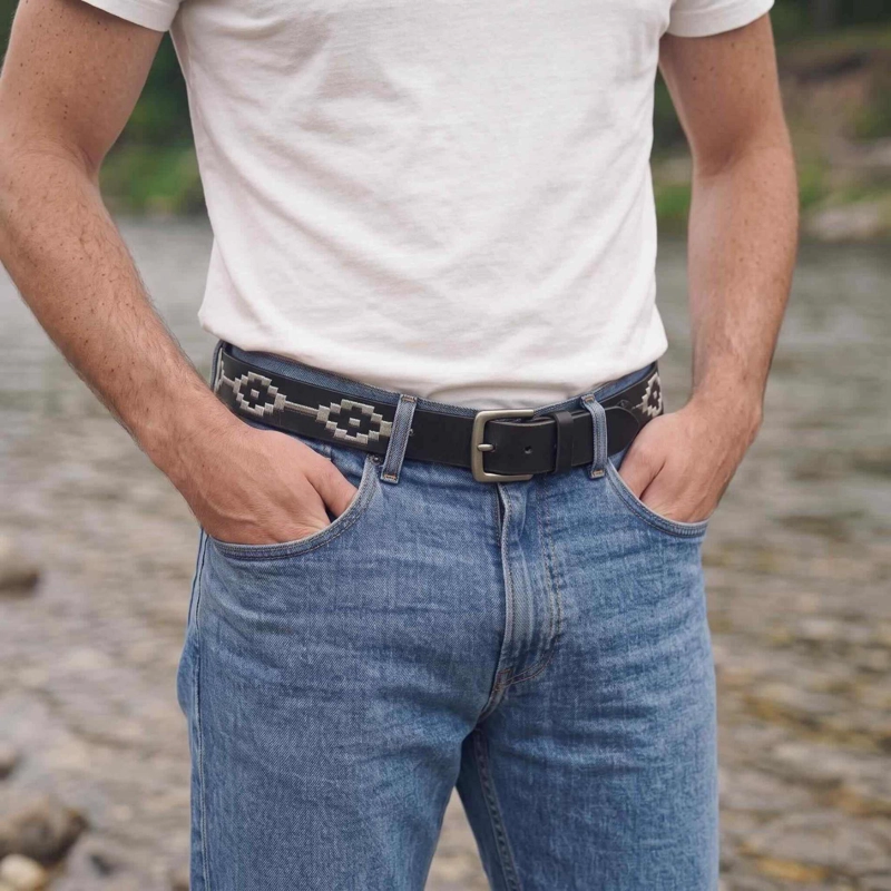 CINTURON HOMBRE CUERO NATURAL BORDADO CORREA CINTO VAQUERO - 3