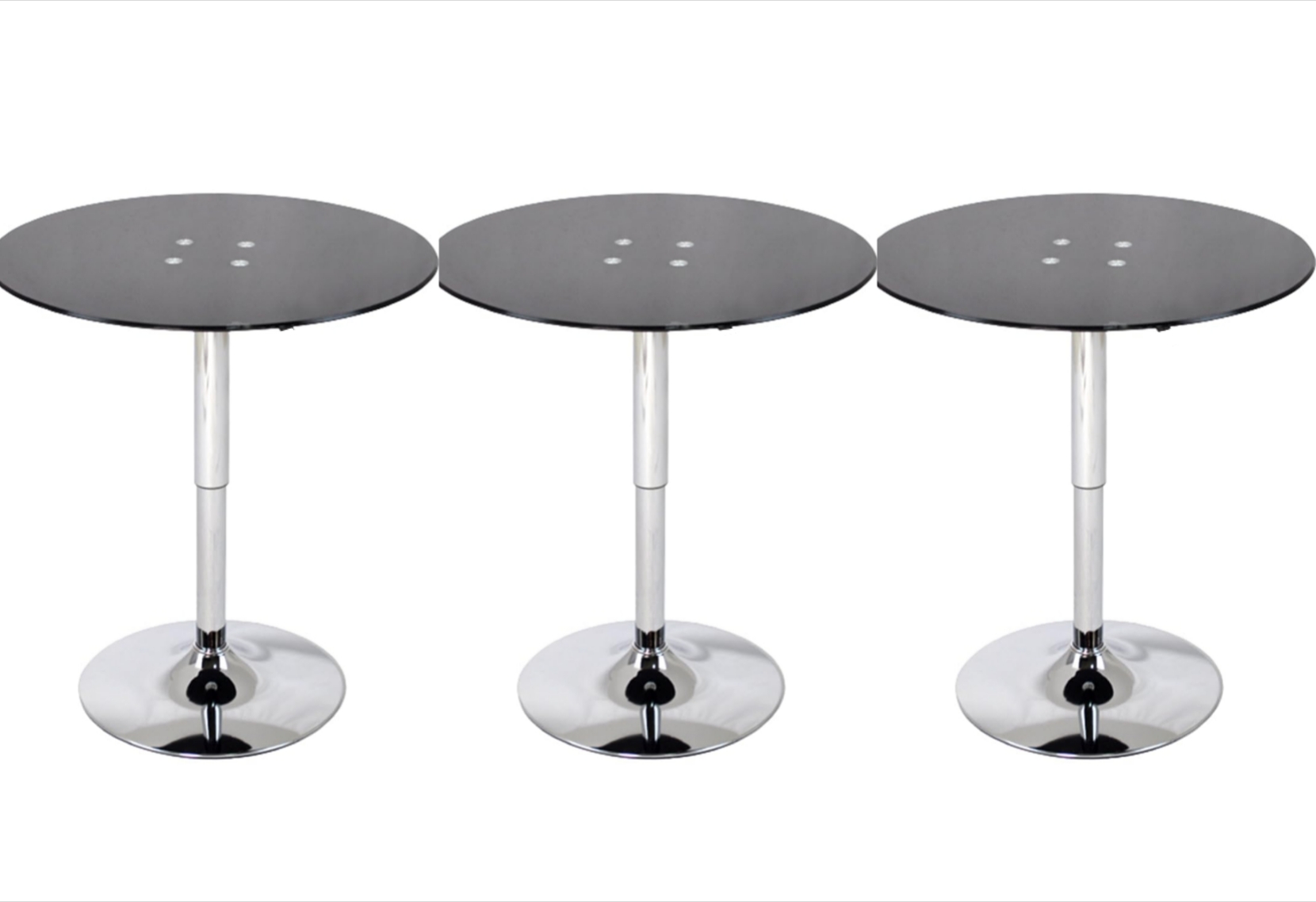 SET 3 MESAS DE BAR VIDRIO TEMPLADO EN COLOR NEGRO REGULABLE 60 CM DIÁMETRO - 1