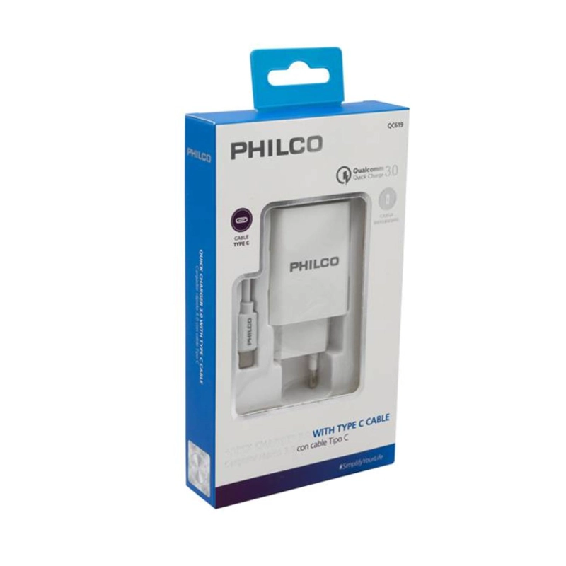 CARGADOR DE PARED USB TIPO C CARGA RAPIDA 18W EN COLOR BLANCO PHILCO - 2