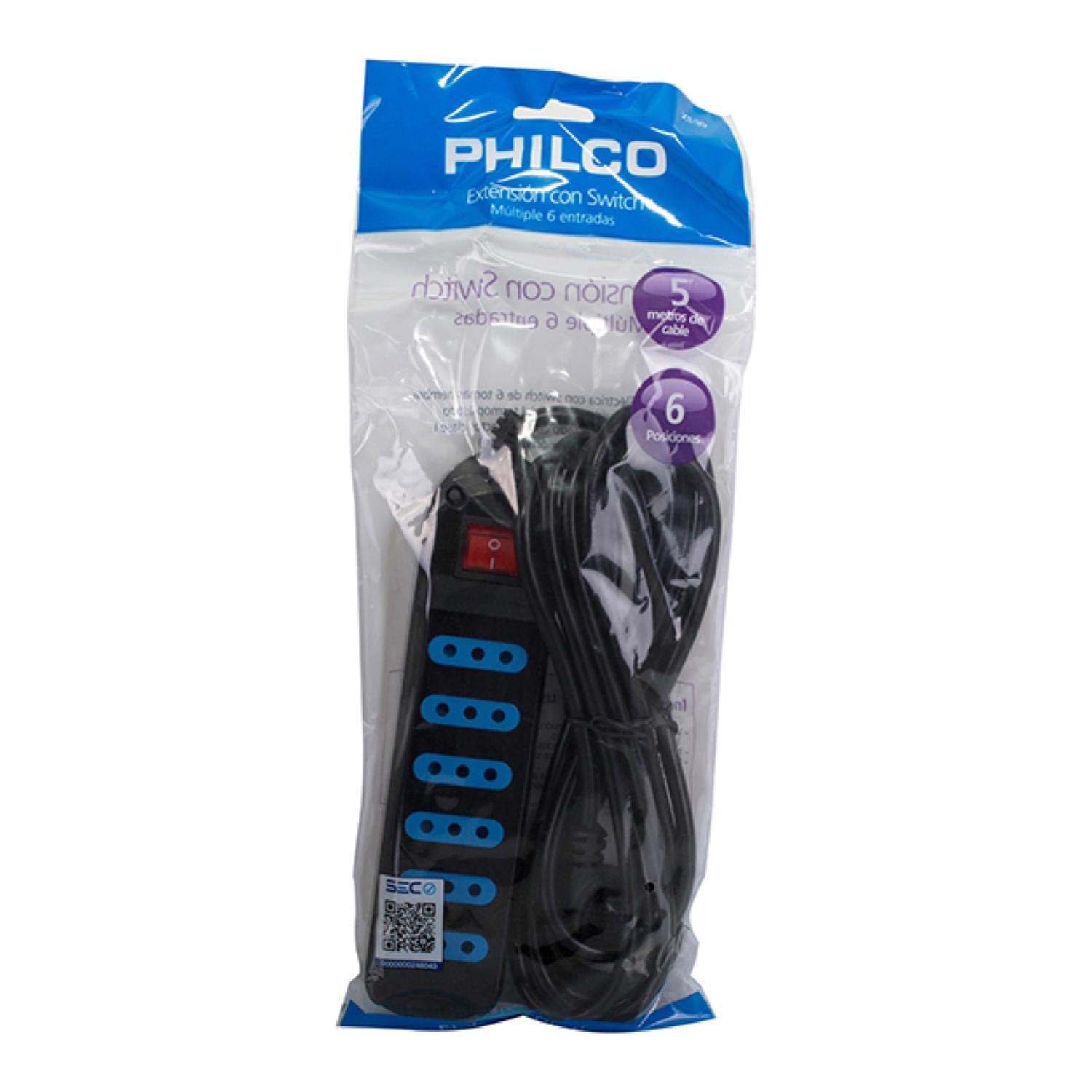 ALARGADOR EXTENSION PHILCO 6 ENTRADAS CON SWITCH 5 MTS NEGRO - 2