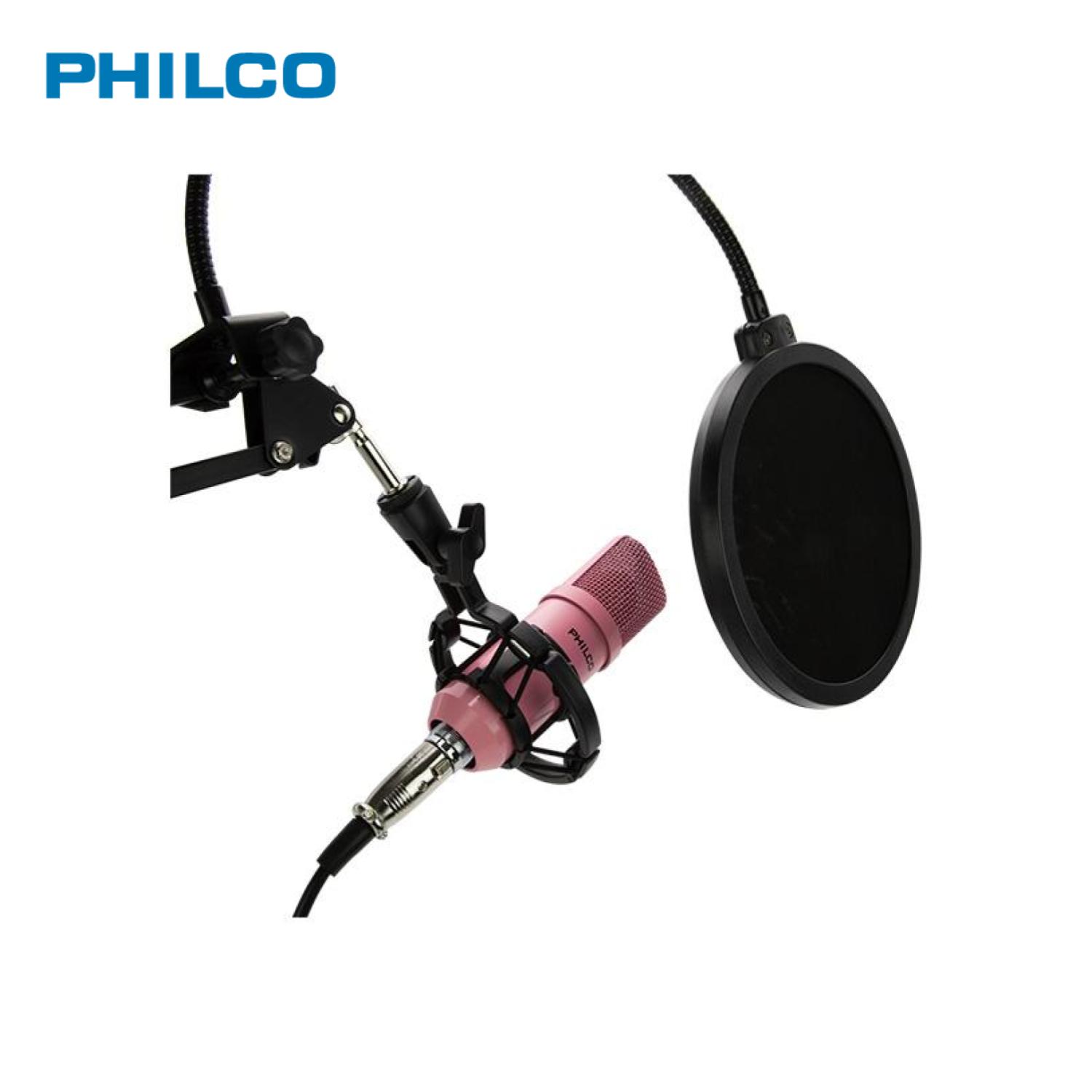 KIT PHILCO ESTUDIO MICRÓFONO ROSADO ANTIPOP ATRIL METÁLICO - 2