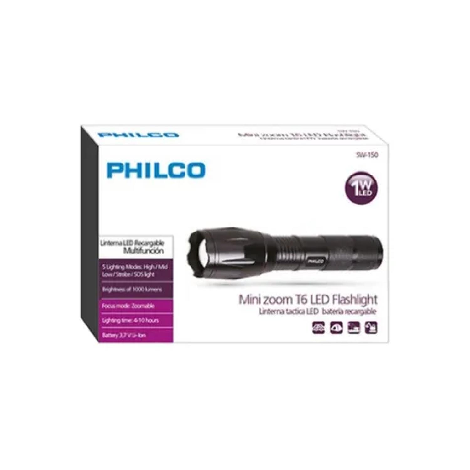LINTERNA TACTICA 1W CON ZOOM SOPORTE RECARGABLE NEGRO PHILCO - 2