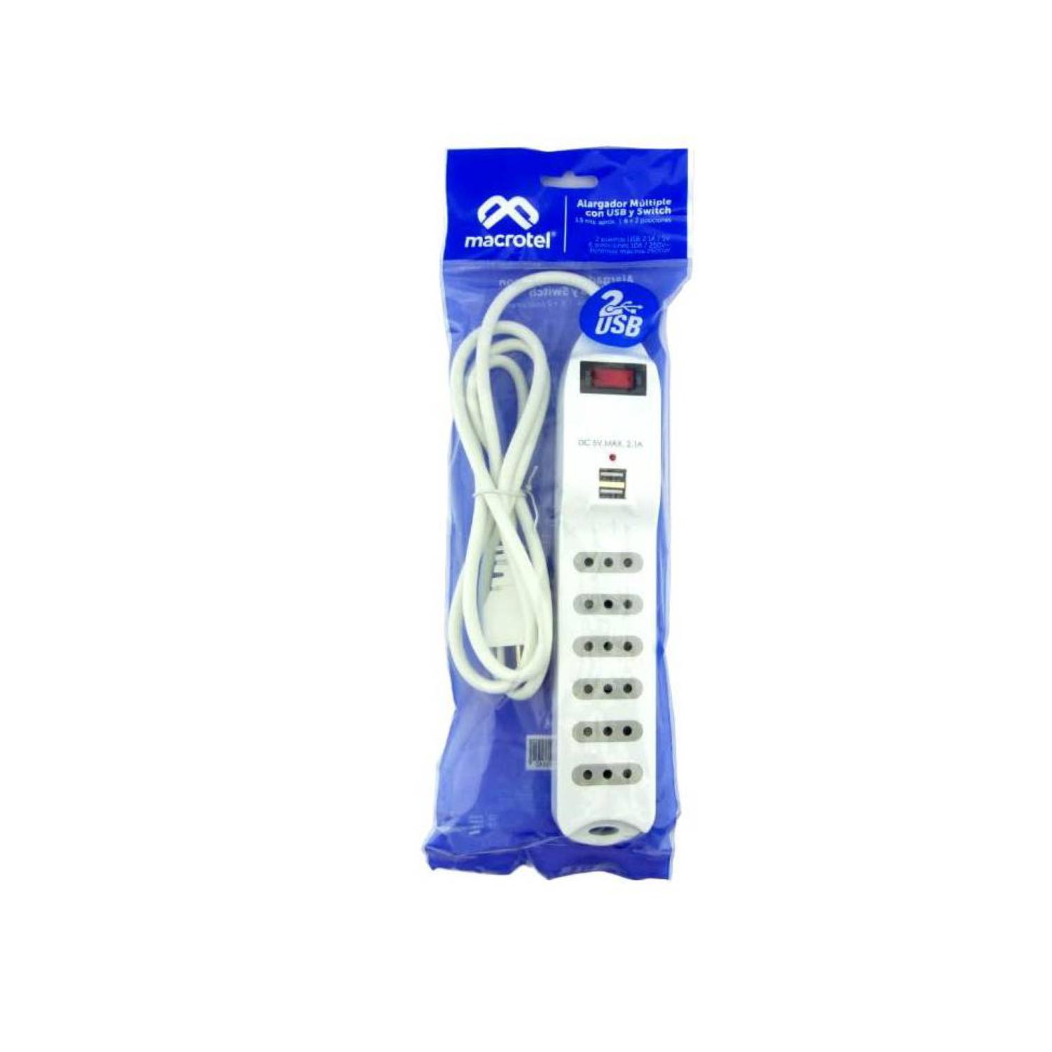 ZAPATILLA ALARGADOR MACROTEL 1.5 MT 6 ENTRADAS 2 USB BLANCO - 2
