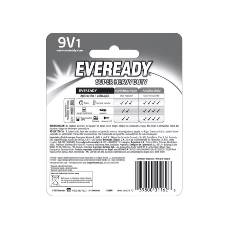 PILA BATERIA 9V ZINC CARBON EXTRA DURACION EVEREADY - 3