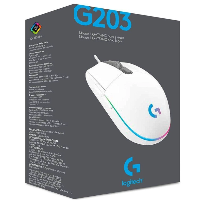MOUSE GAMER USB 6 BOTONES 8000 DPI G203 RGB BLANCO LOGITECH - 4
