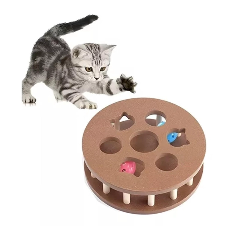 JUGUETE INTERACTIVO PARA GATOS RUEDA DE MADERA MASCOTAS - 3