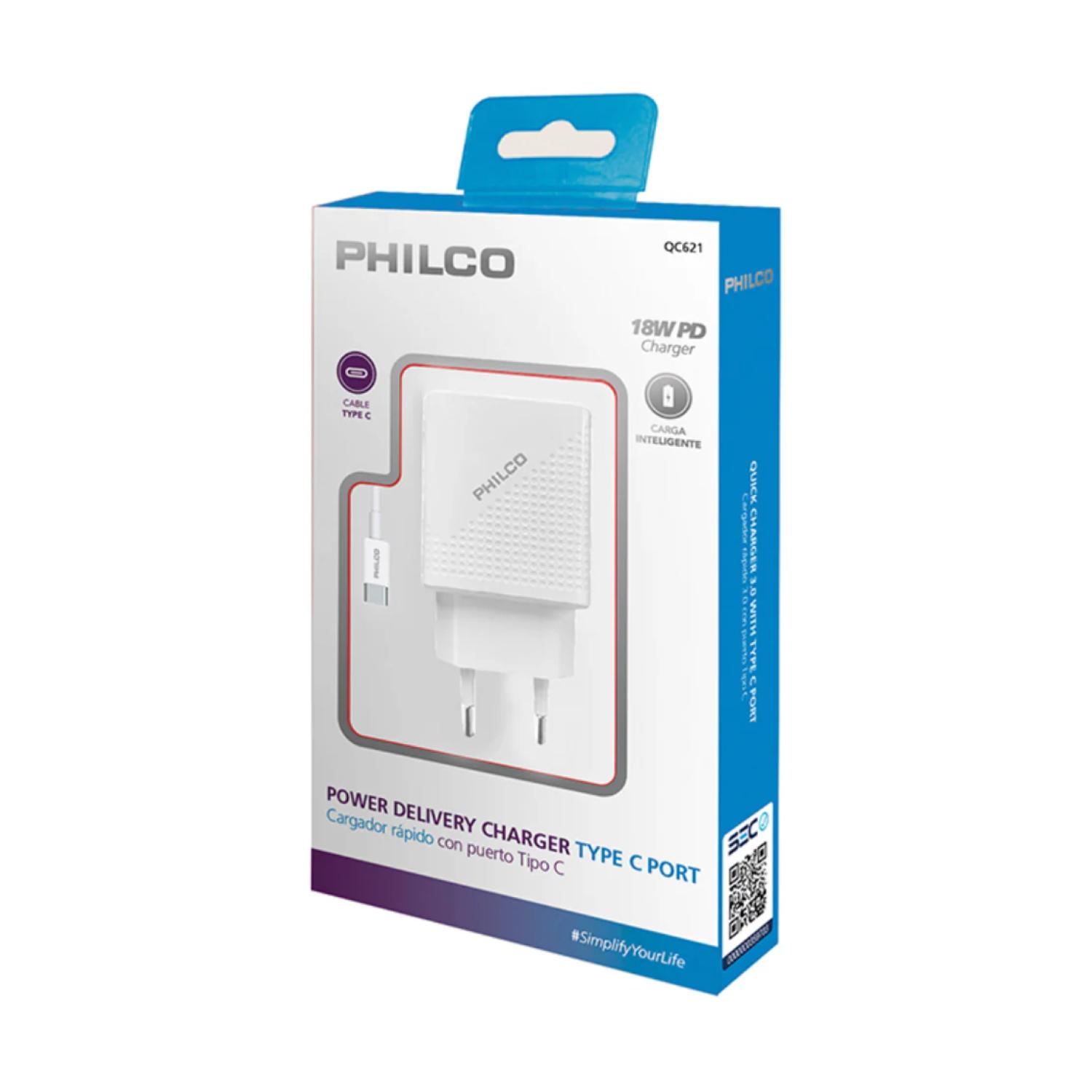 CARGADOR RAPIDO 3.0 USB C CON CABLE 18W BLANCO QC621 PHILCO - 2