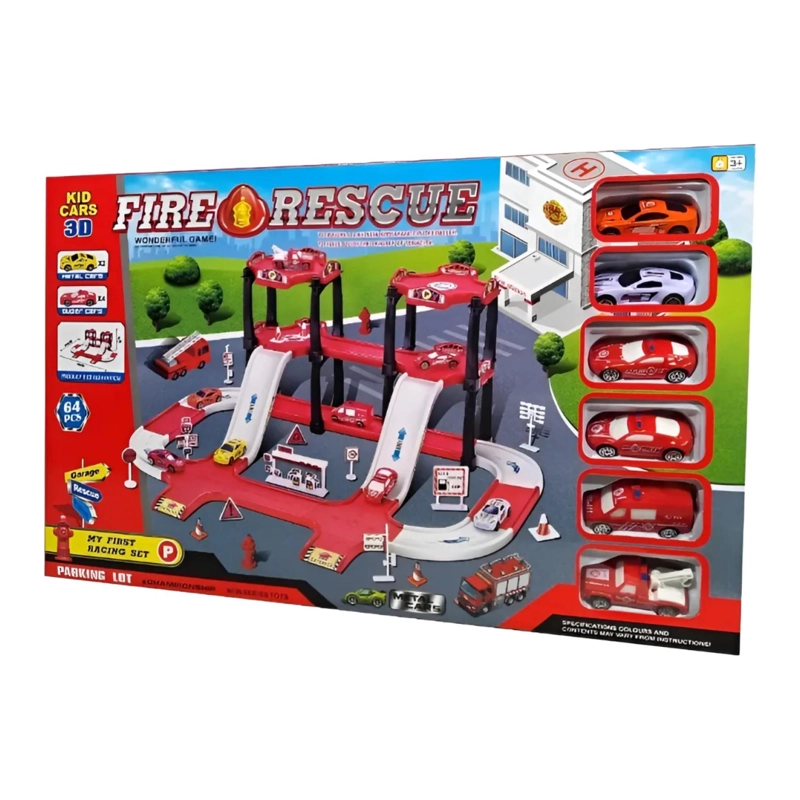 JUGUETE PISTA ESTACION DE BOMBEROS ARMABLE 6 AUTOS INFANTIL - 1