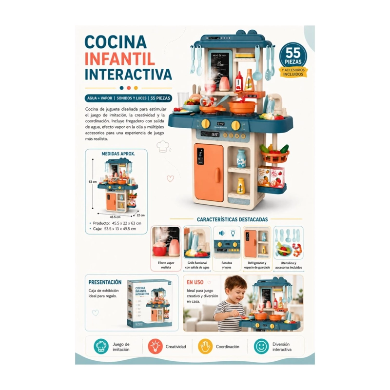 JUGUETE COCINA INTERACTIVA 55PZAS 63CM AGUA VAPOR AZUL INFANTIL - 5