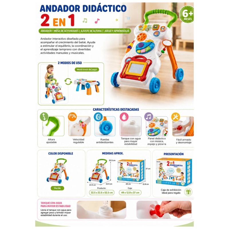 JUGUETE ANDADOR DIDACTICO 2 EN 1 MESA DE JUEGOS SONIDOS INFANTIL - 4