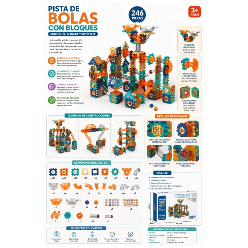 JUGUETE BLOQUES MAGNETIOS PISTAS DE BOLITAS 246PZAS INFANTIL - 6