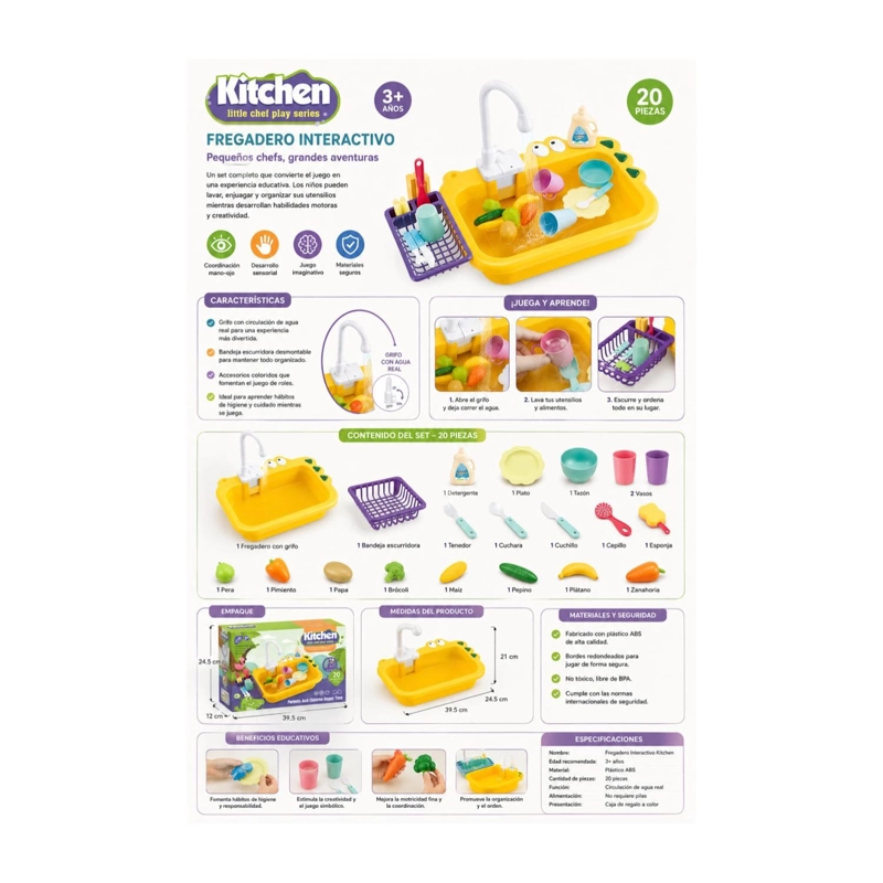 JUGUETE LAVAVAJILLAS 20PZAS INTERACTIVO ACCSORIOS AMARILLO INFANTIL - 3