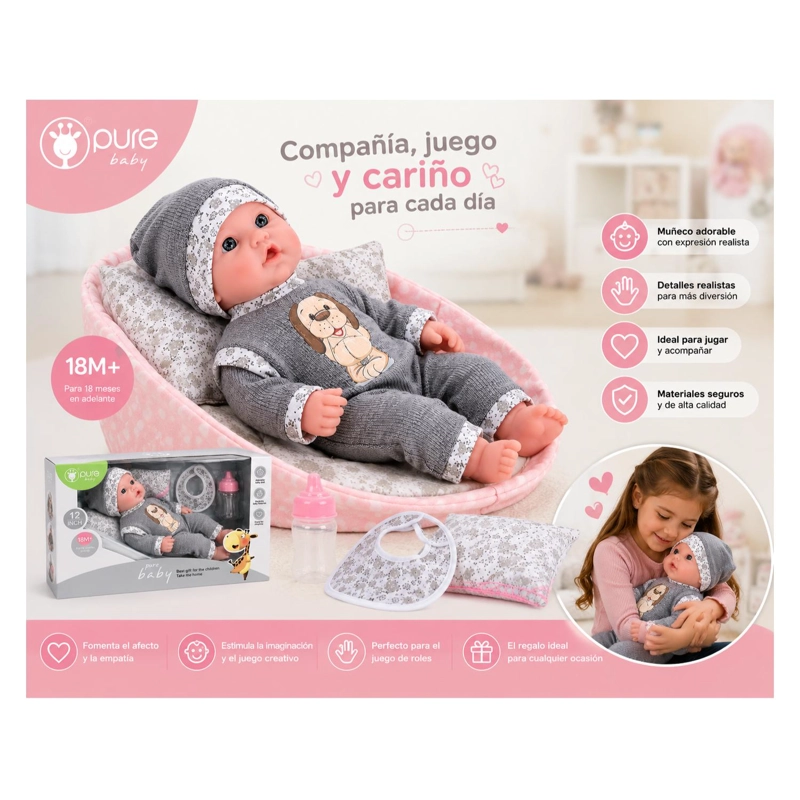 JUGUETE MUÑECA BEBE 35CM CON ACCESORIOS GRIS INFANTIL - 5