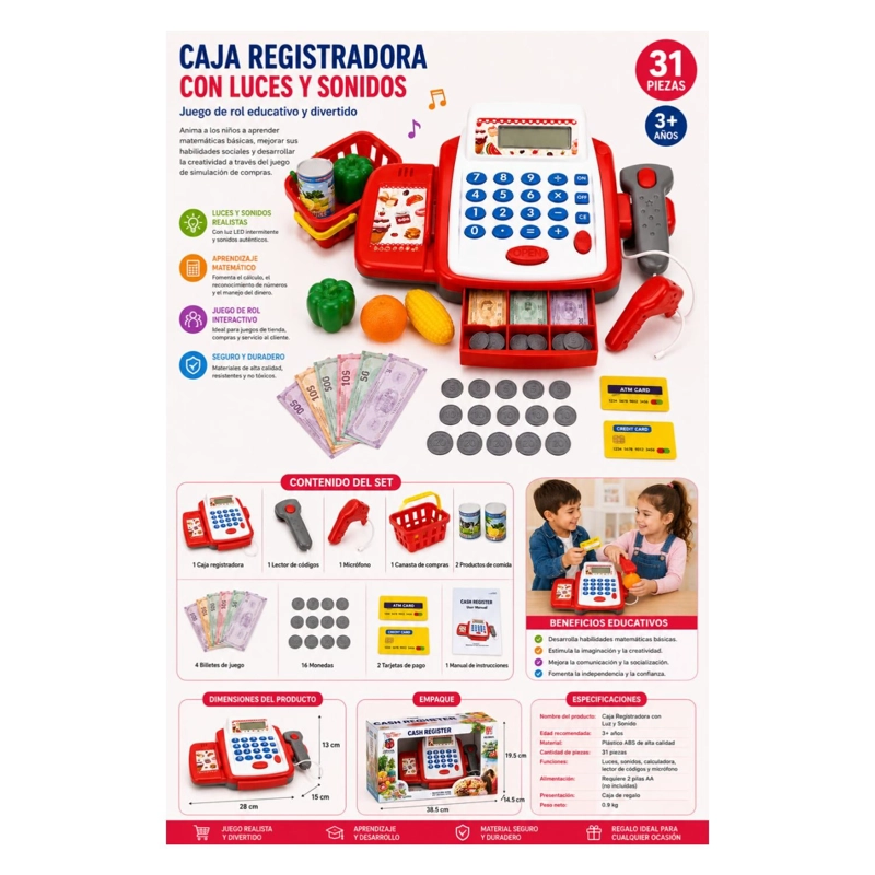 JUGUETE CAJA REGISTRADORA CON LUCES Y SONIDOS 31PZAS INFANTIL - 4