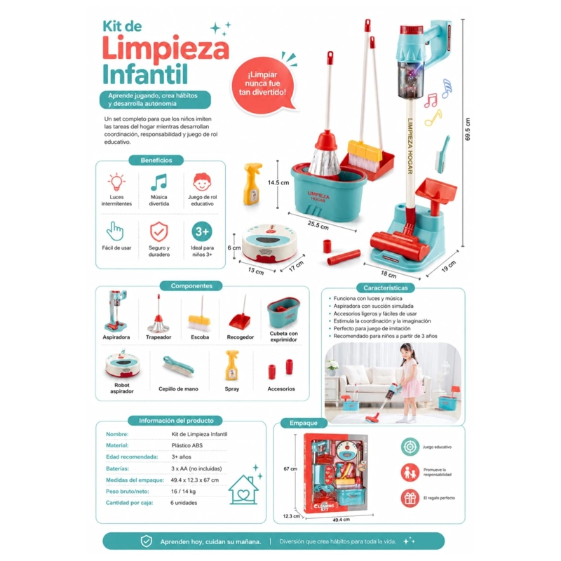 JUGUETE SET DE LIMPIEZA 16PZAS CON ASPIRADORA A PILAS INFANTIL - 4