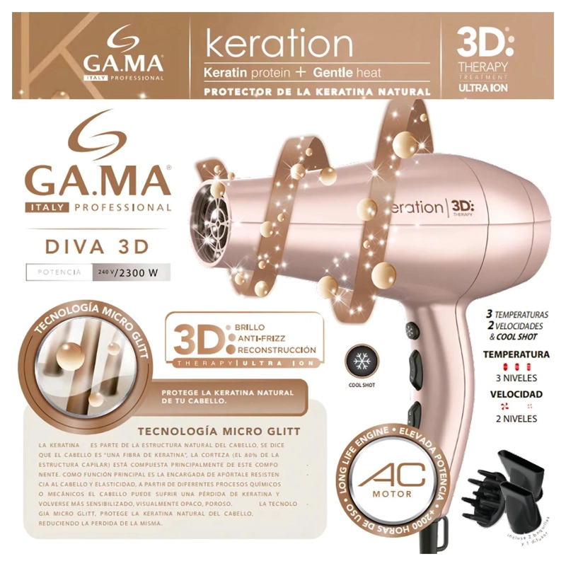 SECADOR DE CABELLO PROFESIONAL 3 TEMPERATURAS 2 VELOCIDADES 2300W DIVA 3D KERATION GAMA - 5