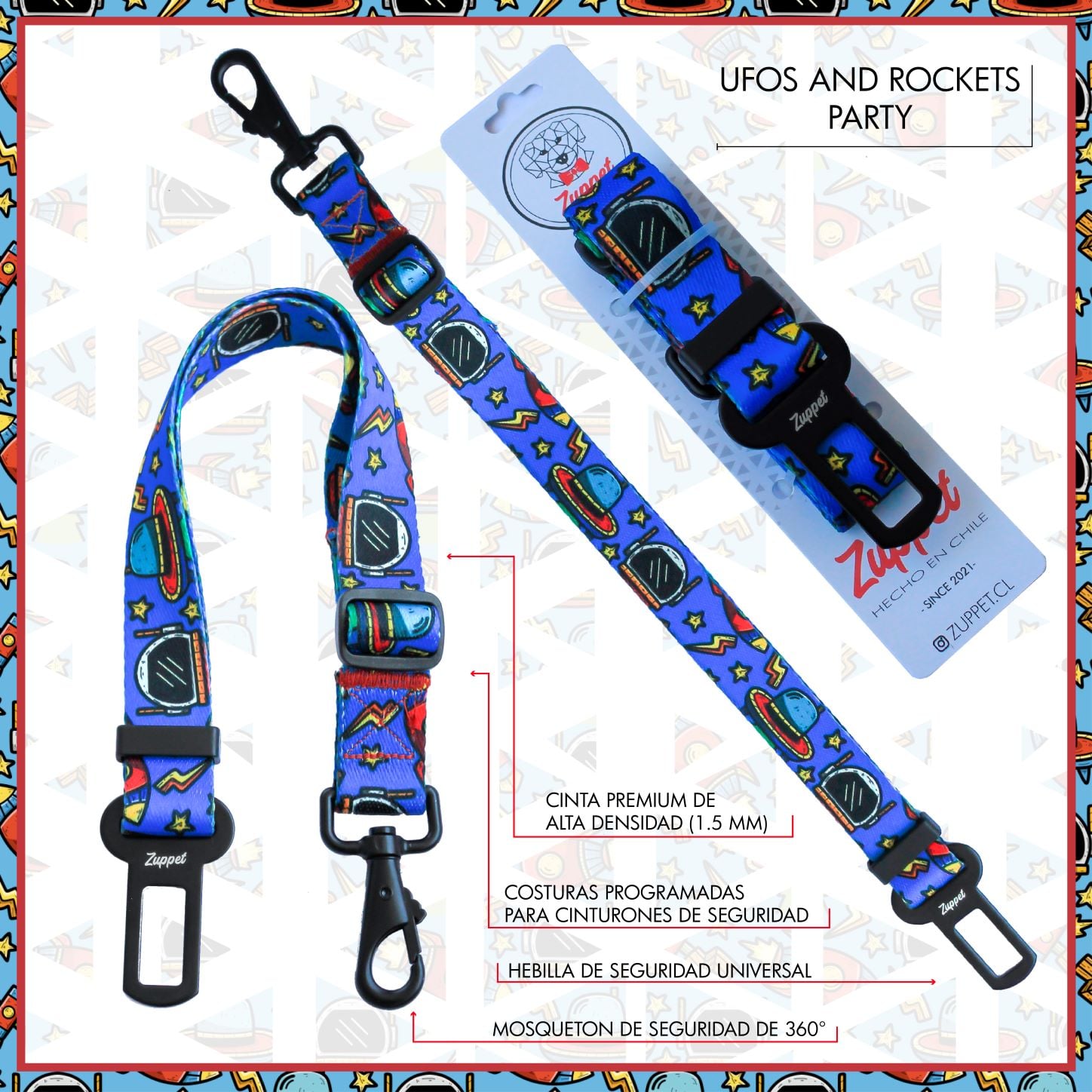 CINTURÓN DE SEGURIDAD PARA PERROS DISEÑO UFOS AND ROCKETS PARTY - 1