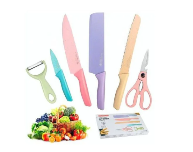 SET DE 6 CUCHILLOS DE ACERO INOXIDABLE 6 PIEZAS CON TIJERA DE COCINA - 1