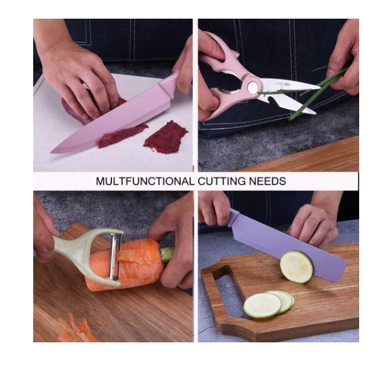 SET DE 6 CUCHILLOS DE ACERO INOXIDABLE 6 PIEZAS CON TIJERA DE COCINA - 2