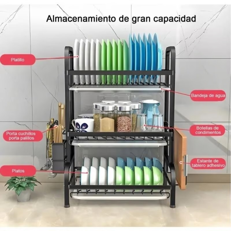 SECAPLATOS ESCURRIDOR DE LOZA 3 NIVELES BANDEJAS ANTI GOTEOS - 5