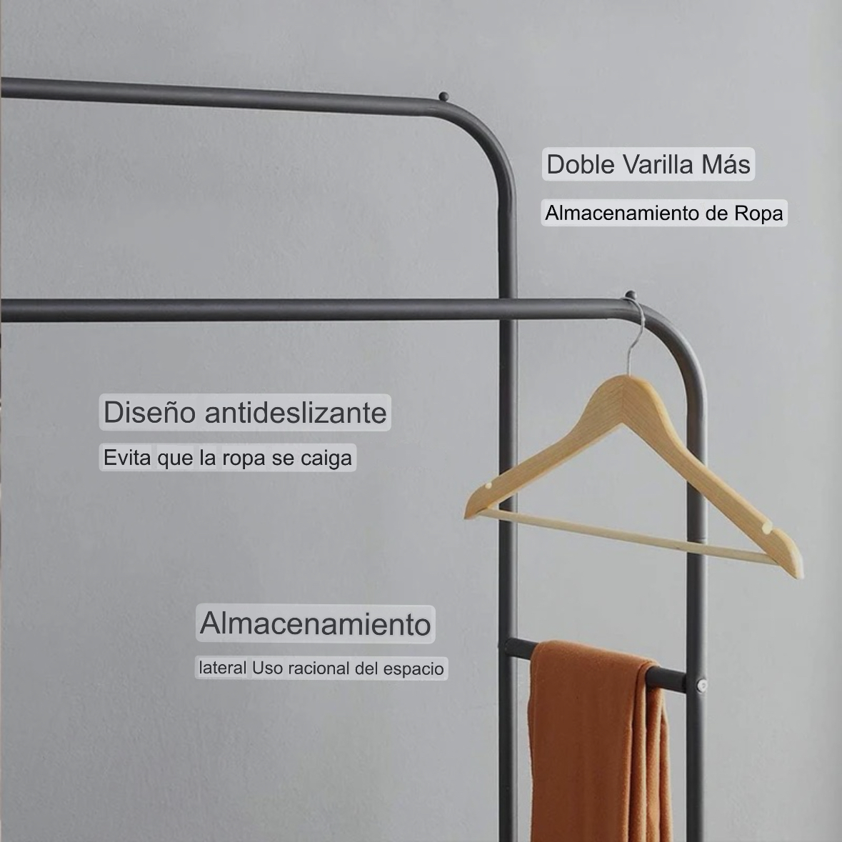 PERCHERO DOBLE ORGANIZADOR DE ROPA RESISTENTE HASTA 35 KILOS NEGRO - 5